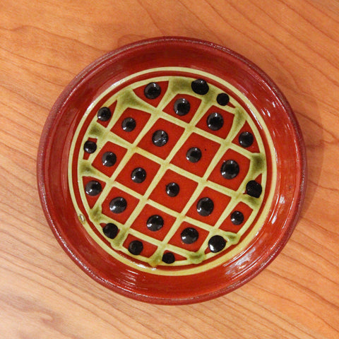Redware Coaster with Grid and Black Polka Dots