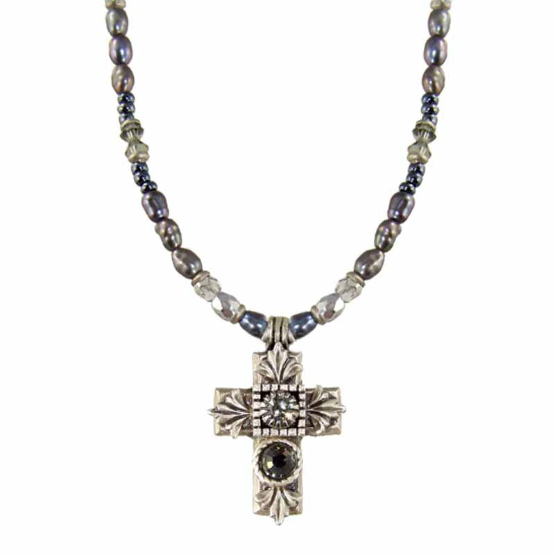 Gray Crystal Small Cross Beaded Necklace by Michal Golan