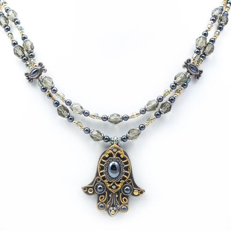 Hema 2 Tone Medium Hamsa Double Bead Chain Necklace by Michal Golan
