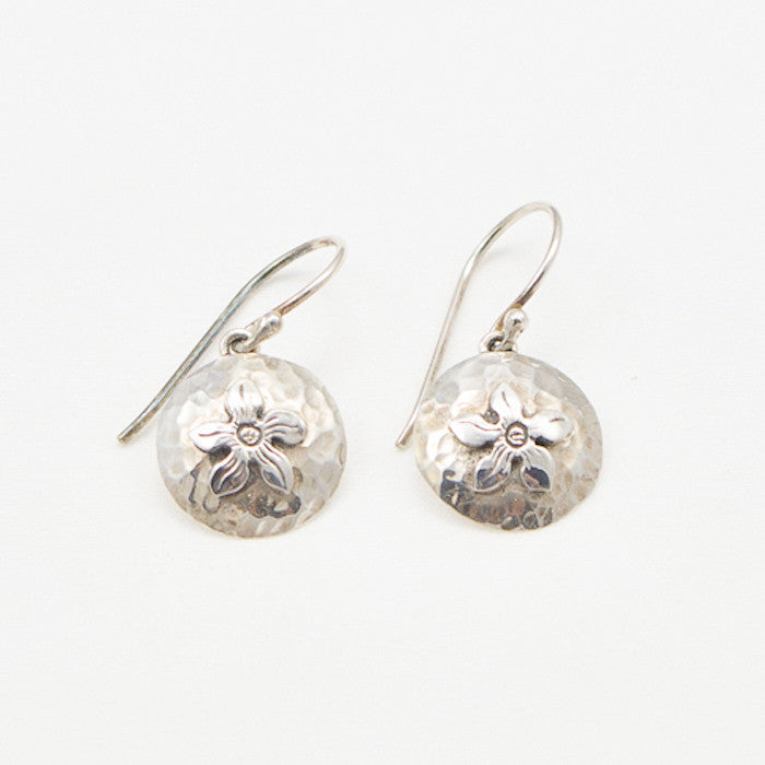 Sterling Silver Round Disc with Flower Earrings