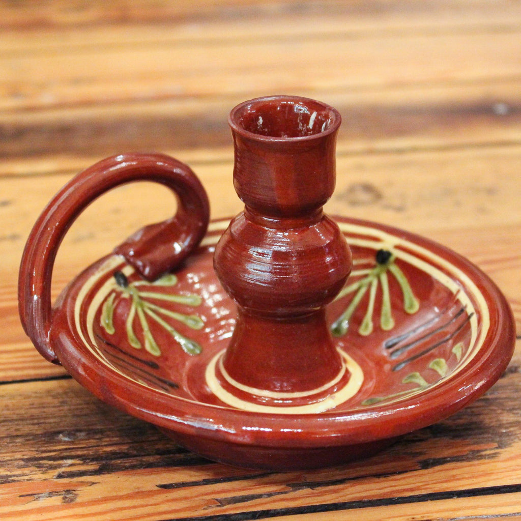 Redware Candlestick Holder with Ferns