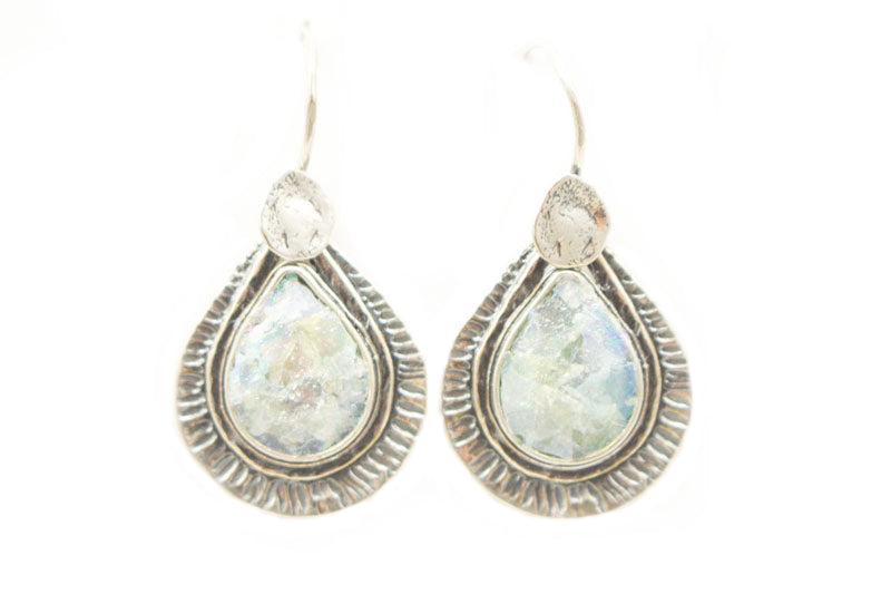Etched Framed Teardrop Patina Roman Glass Earrings