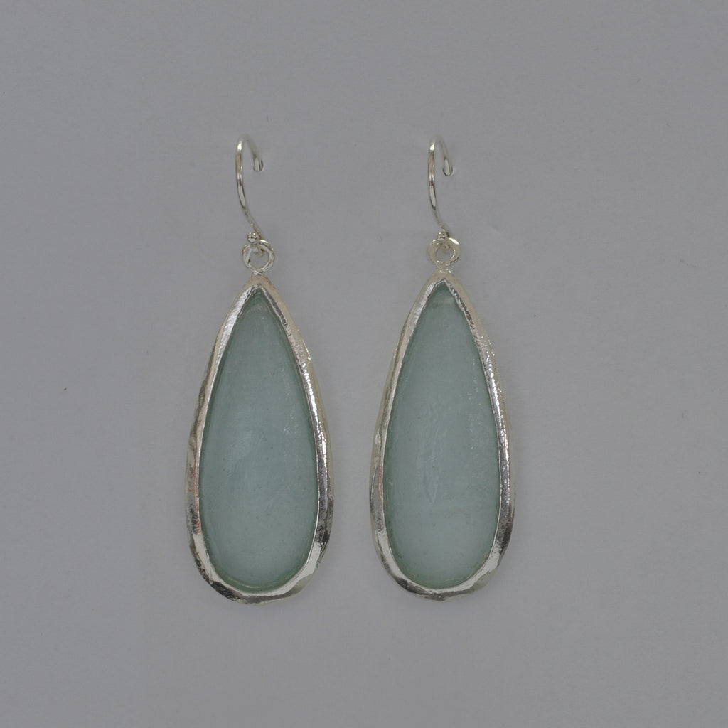 Long Oval with Silver Border Washed Roman Glass Earrings