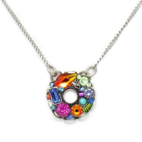 Multi Color Bejeweled Small Circle Pendant Necklace by Firefly Jewelry