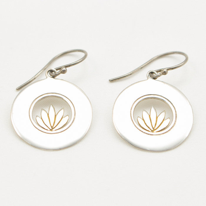 Sterling Silver Silver Disc with 22K Gold Lotus Center Earrings