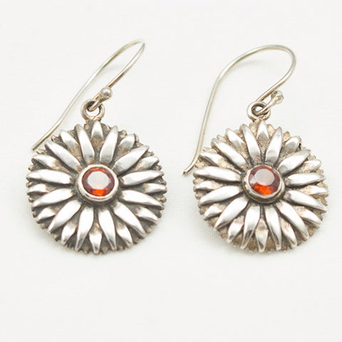 Sterling Silver Daisy with Faceted Garnet Earrings