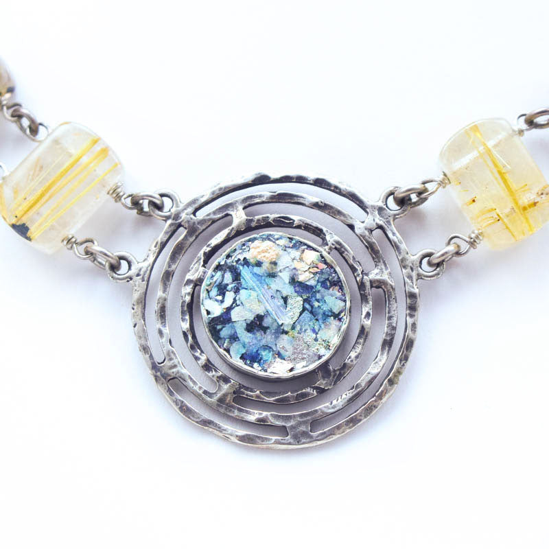 Gold Quartz Chain with Round Roman Glass Necklace