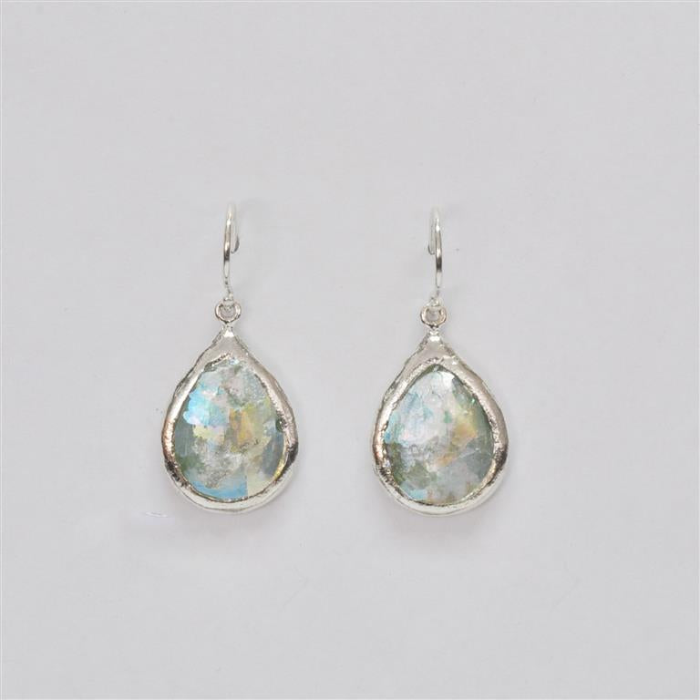 Silver Border Tear Shaped Roman Glass Earrings