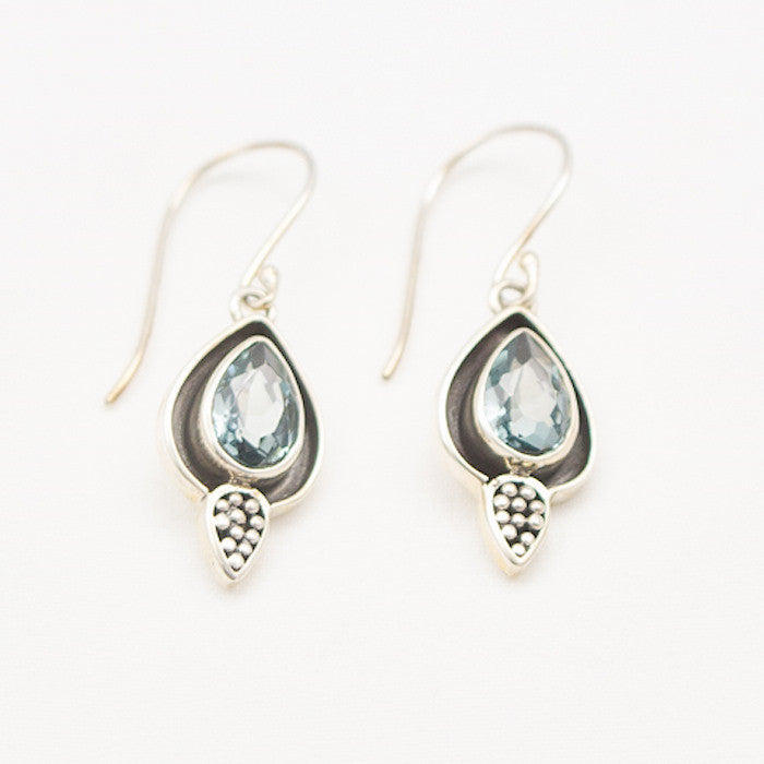 Sterling Silver Faceted Blue Topaz Teardrop with Dot Detail Dangle Earrings