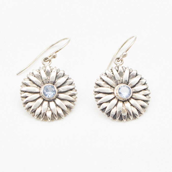 Sterling Silver Daisy with Blue Topaz Earrings