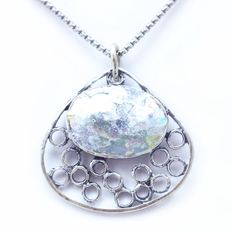 Open Wide Teardrop Patina Roman Glass Necklace