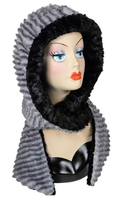 Devon Rex with Cuddly Black Luxury Faux Fur Hoody Scarf