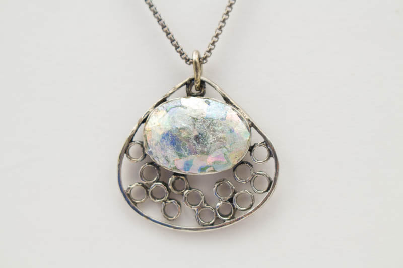 Open Wide Teardrop Patina Roman Glass Necklace
