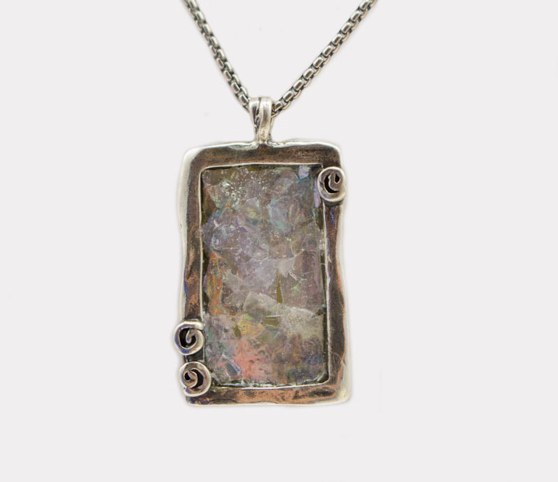 Spiral Dotted Rectangle Patina Roman Glass Necklace
