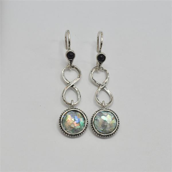 Infinity Dangle Patina Roman Glass Earrings with Lapis