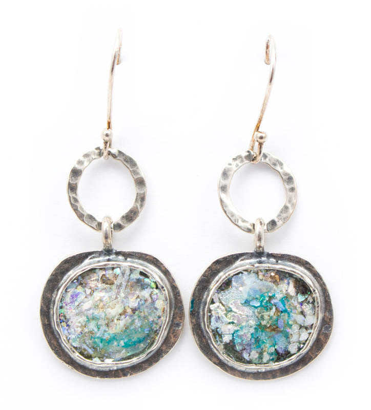 Small Silver Circle with Large Disc Dangle Roman Glass Earrings