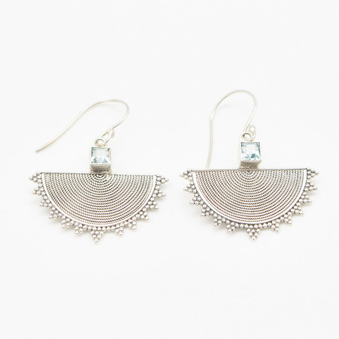 Sterling Silver Half Circle with Square Blue Topaz Earrings