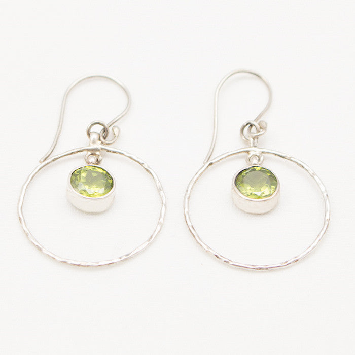 Sterling Silver Hammered Circle with Center Peridot Drop Earrings