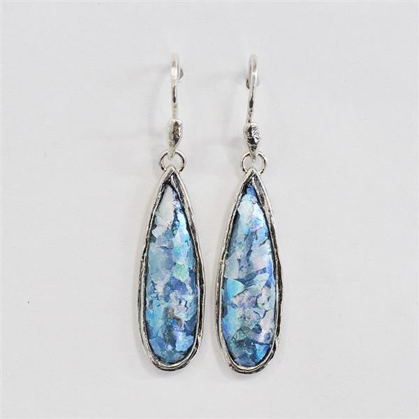 Long Teardrop Patina Roman Glass Earrings