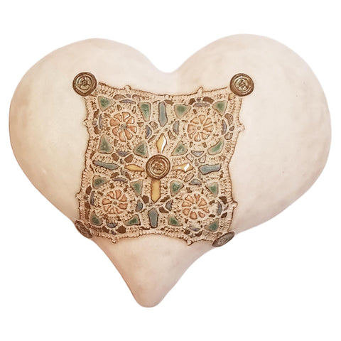 Tacked with Buttons in White Ceramic Wall Art by Laurie Pollpeter