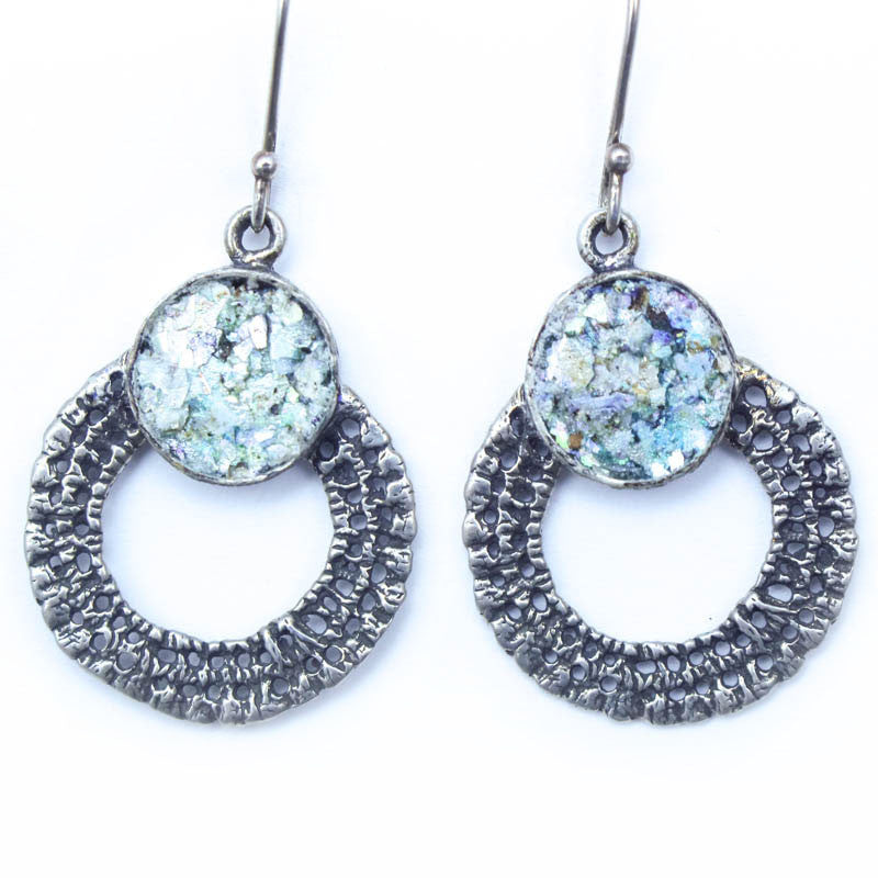 Open Sterling Silver Circle with Roman Glass Earrings