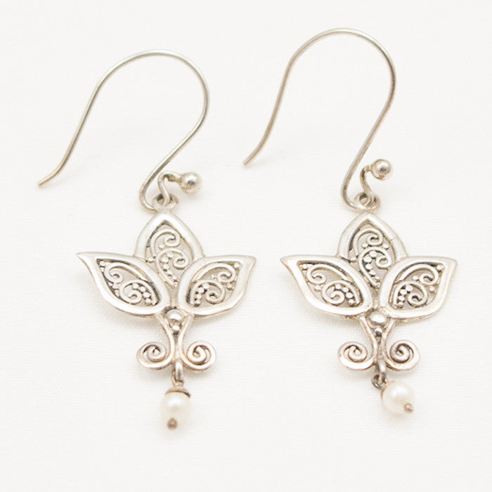 Sterling Silver Three Petal Earrings with Pearl Drop