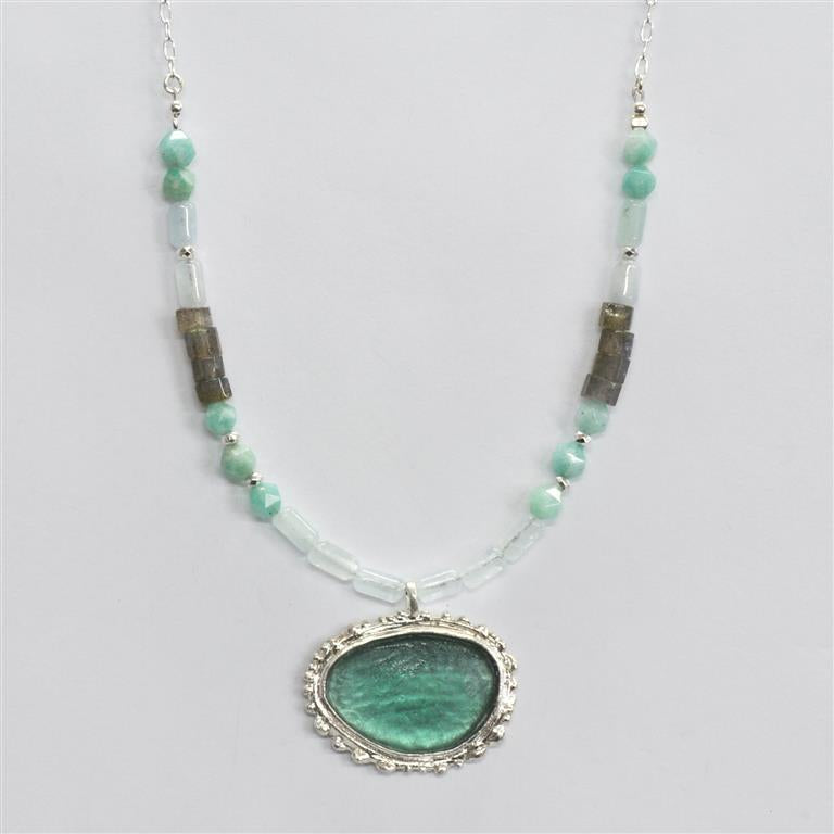 Turquoise Oval Washed Roman Glass Necklace