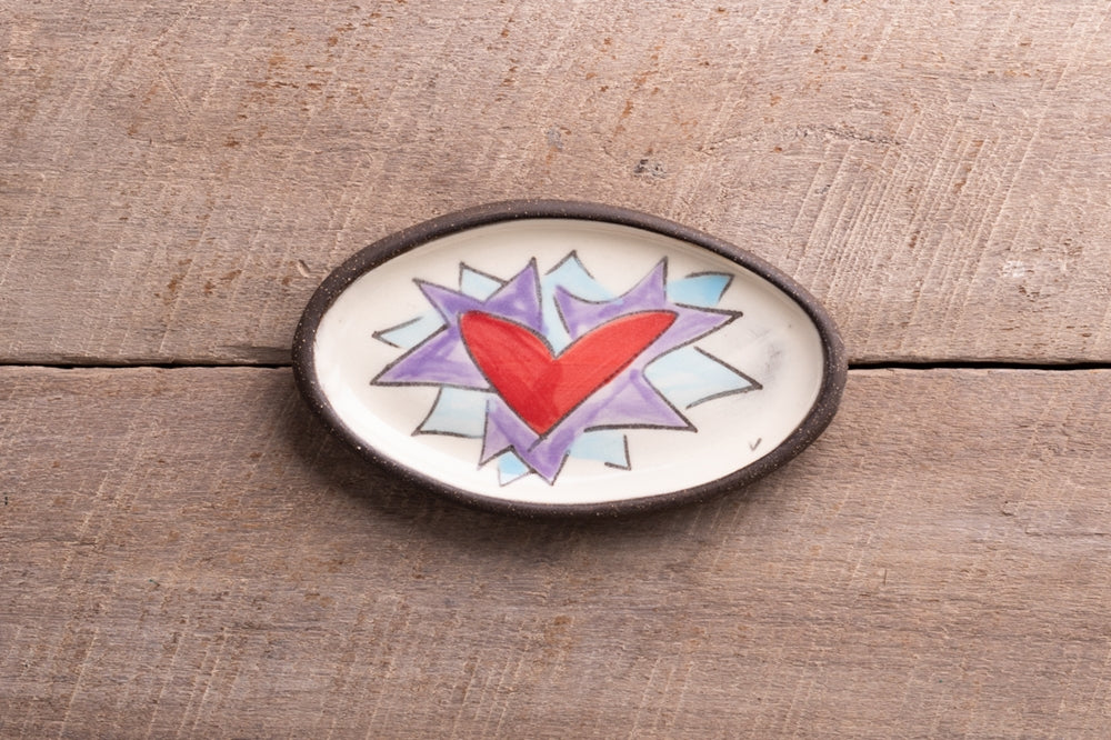 Flaming Heart in Violet Mini Oval Tray Hand Painted Ceramic