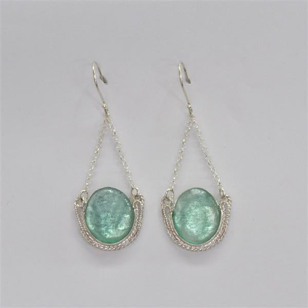 White Shiny Silver Teardrop Dangle Washed Roman Glass Earrings