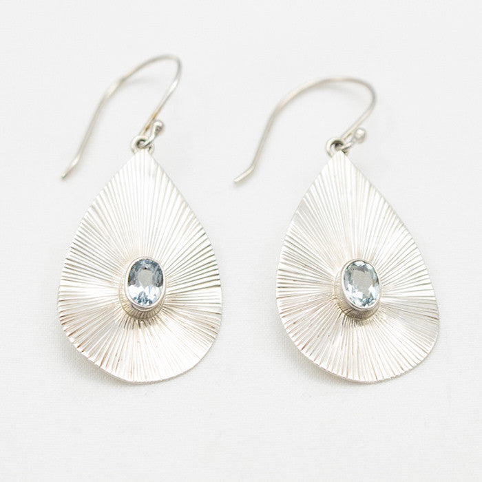 Sterling Silver Teardrop Dangle with Center Faceted Blue Topaz Earrings