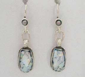 Chain Link Oval Dangle Patina Roman Glass Earrings with Peacock Pearls