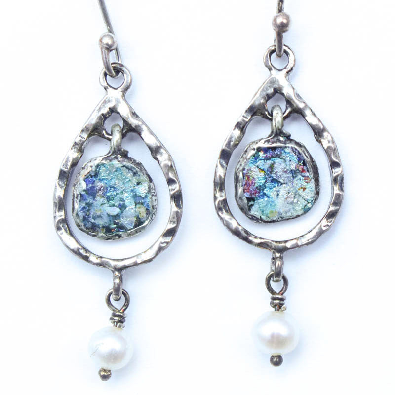White Pearl Dangle with Floating Roman Glass Earrings