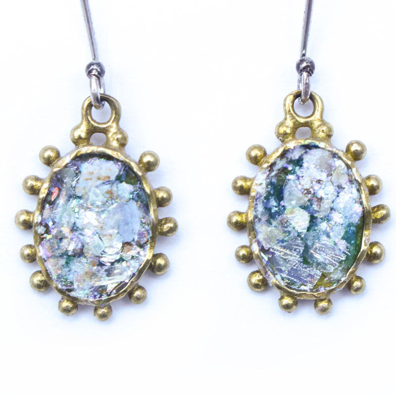 Brass with Oval Roman Glass Earrings