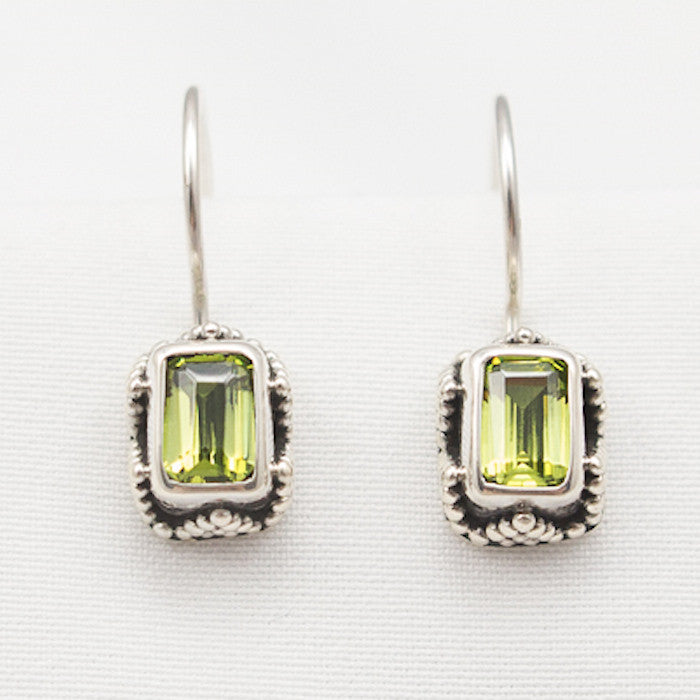 Sterling Silver Faceted Rectangular Peridot Drop with Side Detail Earrings