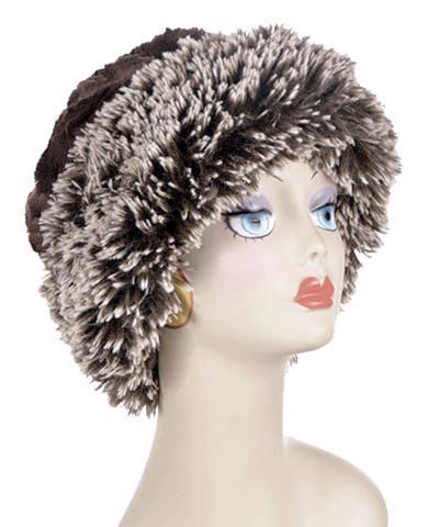 Silver Tipped Fox in Brown with Cuddly Chocolate Luxury Faux Fur Beanie Large