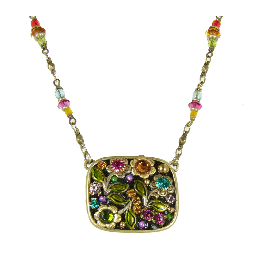 Black Multi Flower Square Pendant Necklace