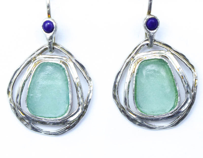 Lapis with Three Ringed Oval Washed Roman Glass Earrings