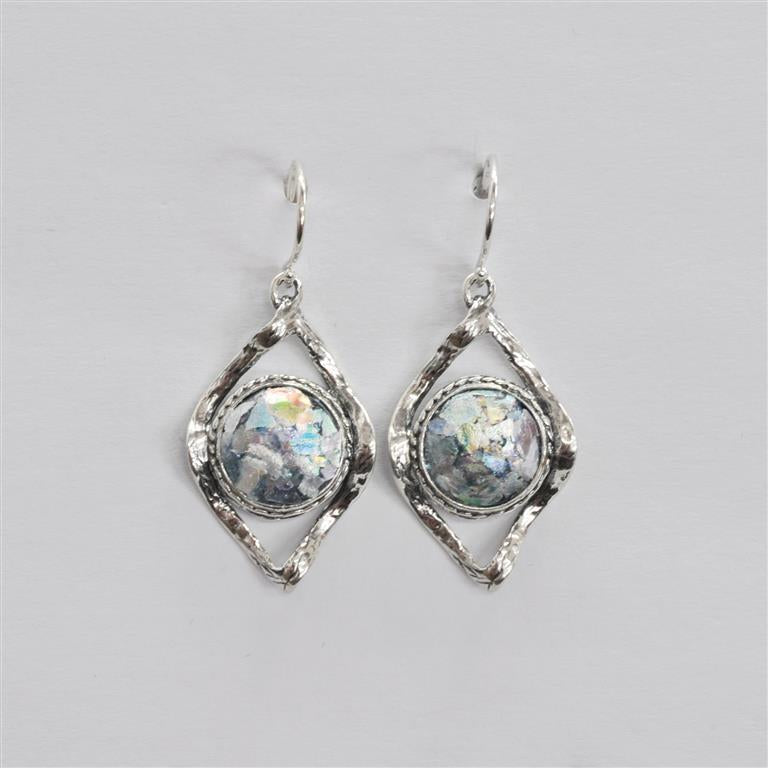 Wavy Open Diamond with Circle Roman Glass Earrings