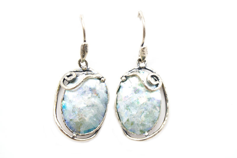 Botanical Setting Oval Patina Roman Glass Earrings