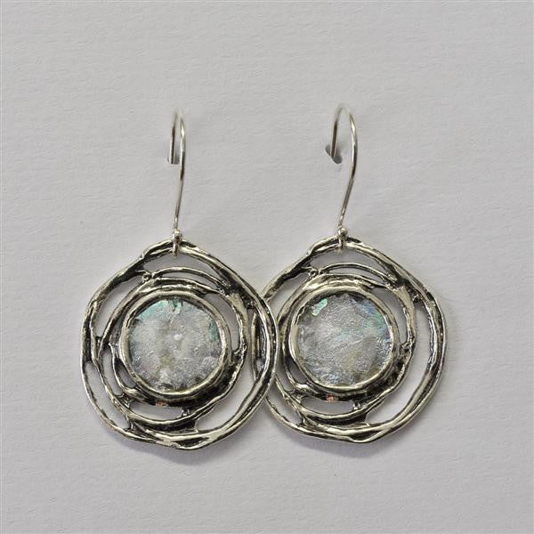 Open Rose Framed Round Patina Roman Glass Earrings