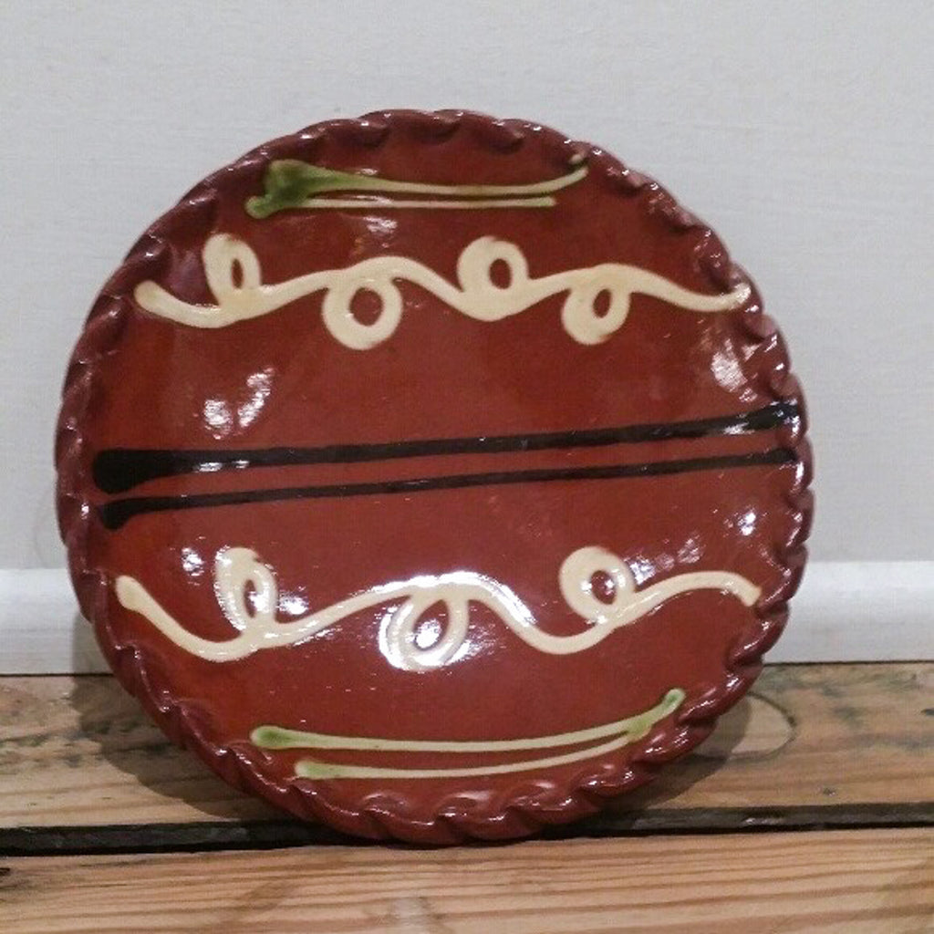 Redware Slab Plate with Wide White Swirl Lines