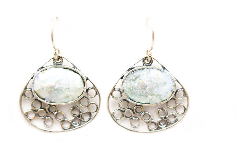 Open Wide Teardrop Patina Roman Glass Earrings