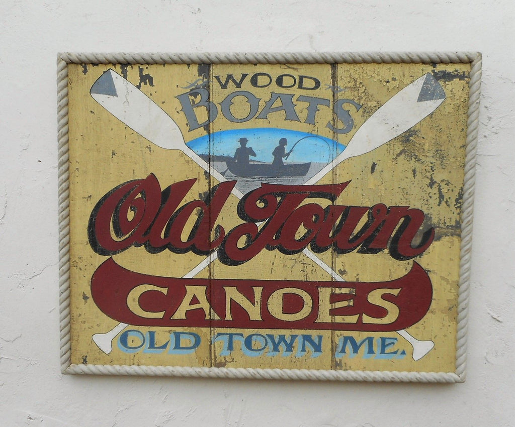 Wood Boats Old Town Canoes with Painted Oars and Decoative White Trim Americana Art