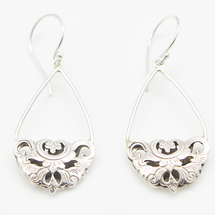 Sterling Silver Two Sided Floral Relief Dangle Earrings