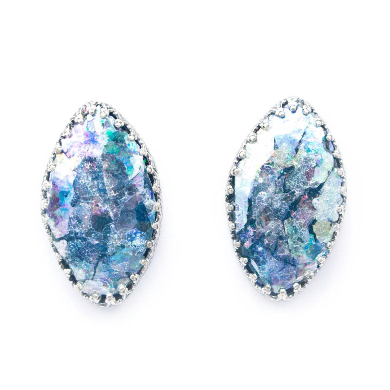 Lace Edge Marquise Post Patina Roman Glass Earrings