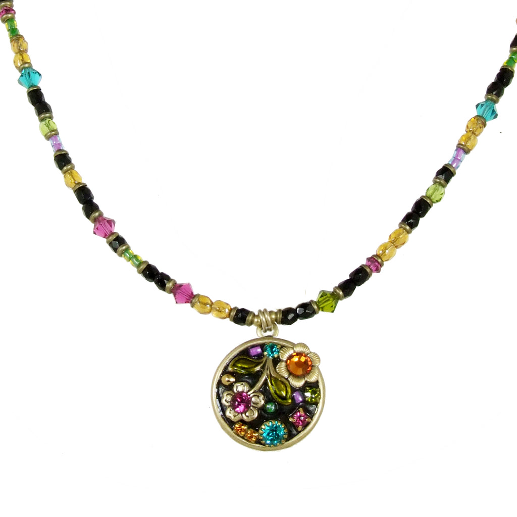 Circle Button Multi Flower Pendant Necklace