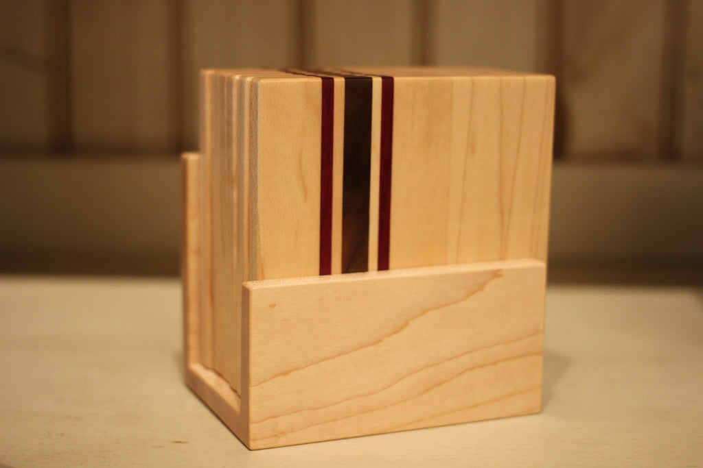 Set of 6 Striped Coasters in Maple with Holder