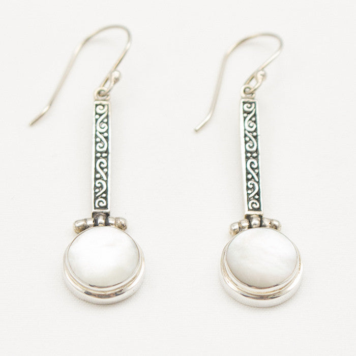 Sterling Silver Detailed Silver Bar with Mother Of Pearl Drop Earrings