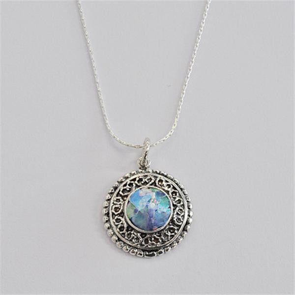 Elaborately Framed Round Patina Roman Glass Necklace