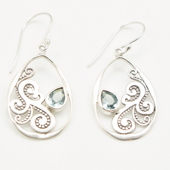 Sterling Silver Fancy Teardop Earrings with Blue Topaz